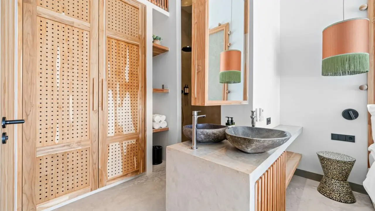 Wastafel met stenen waskom en houten kastdeuren in een Deluxe kamer van Van der Valk Bonaire